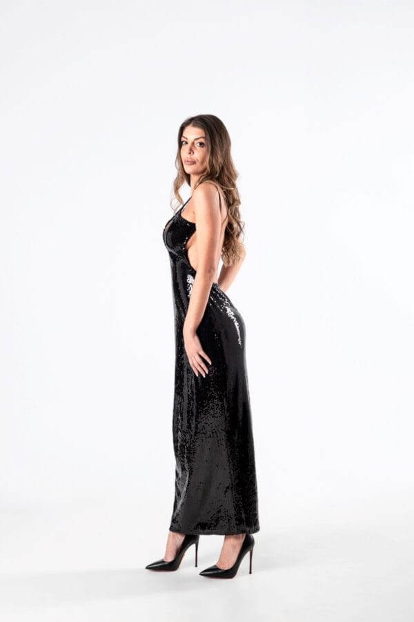 Vestido Negro Largo Halter con Brillos, Luison