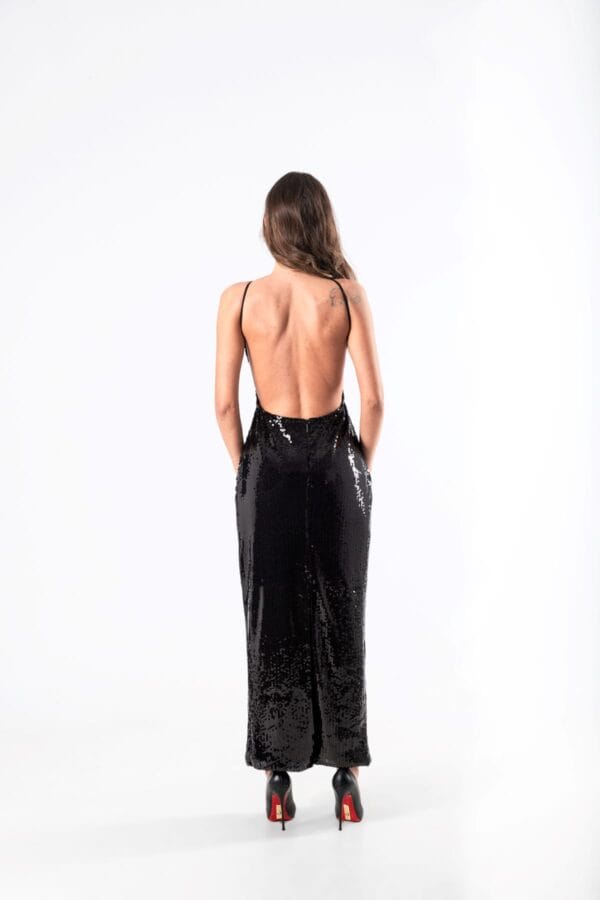 Vestido Negro Largo Halter con Brillos, Luison