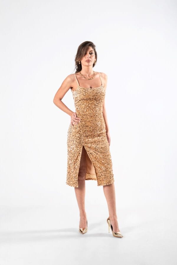 Vestido Midi Dorado Brillante de Gala, Luison