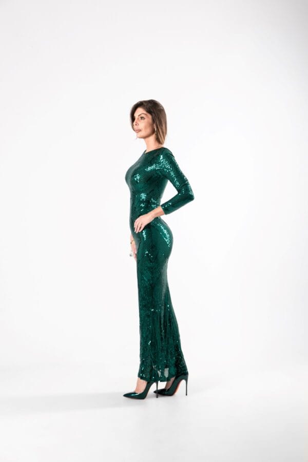 Vestido Verde con Lentejuelas y Manga Larga, Luison