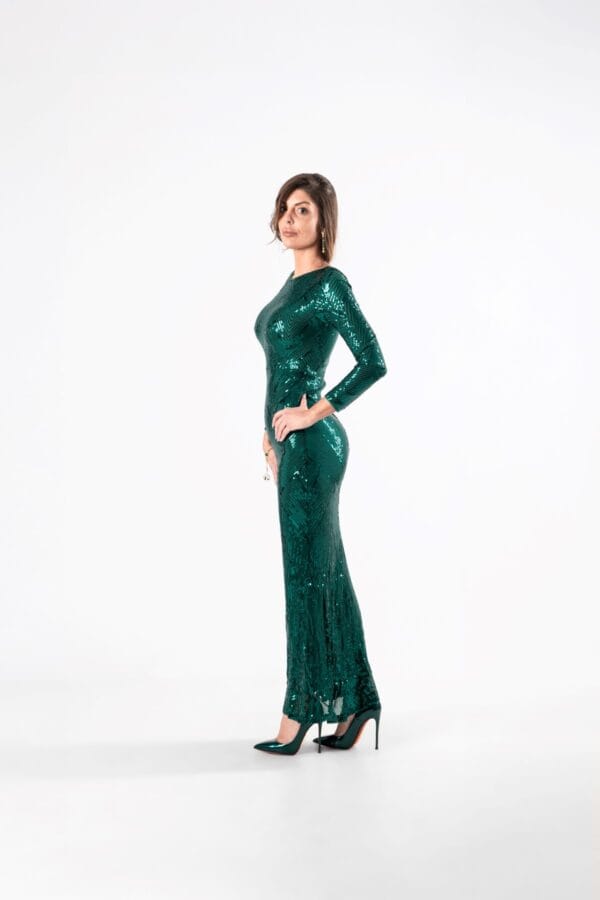 Vestido Verde con Lentejuelas y Manga Larga, Luison