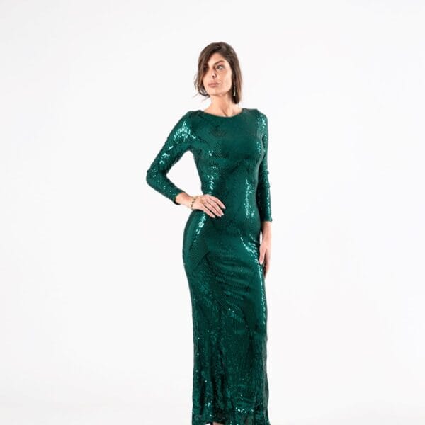 Vestido Verde con Lentejuelas y Manga Larga, Luison
