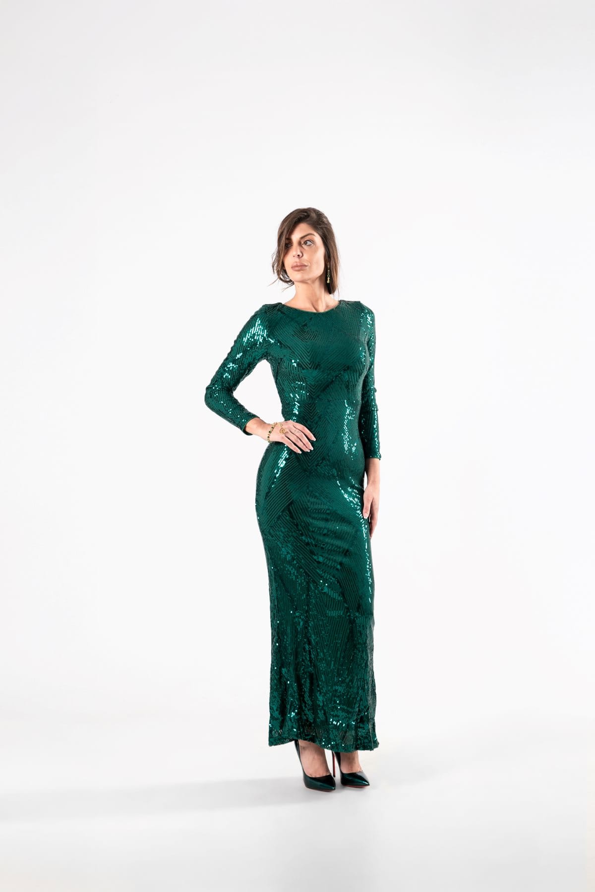 Vestido Verde con Lentejuelas y Manga Larga, Luison