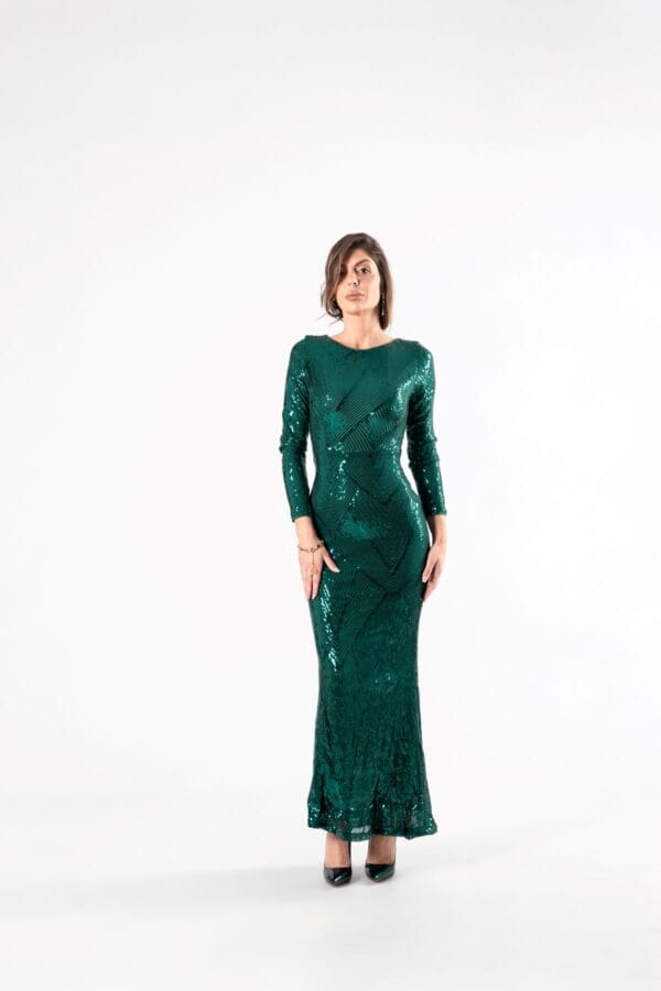 Vestido Verde con Lentejuelas y Manga Larga, Luison