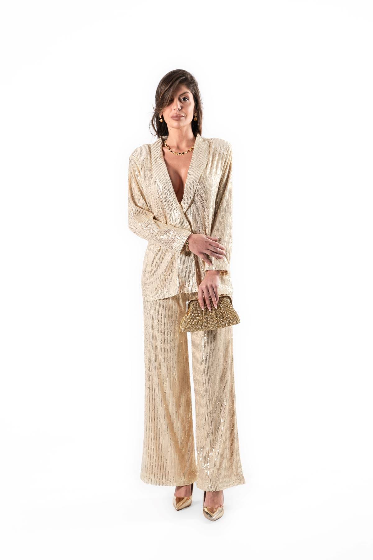 Conjunto de Traje Dorado con Lentejuelas, Luison
