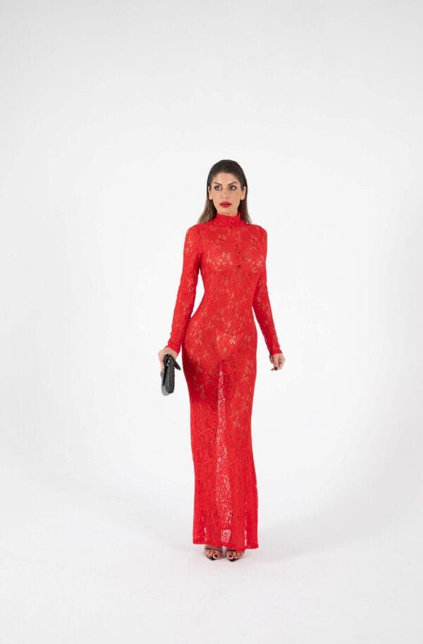 Vestido Largo de Encaje Rojo Sexy para Fiesta y Noche | LUISON