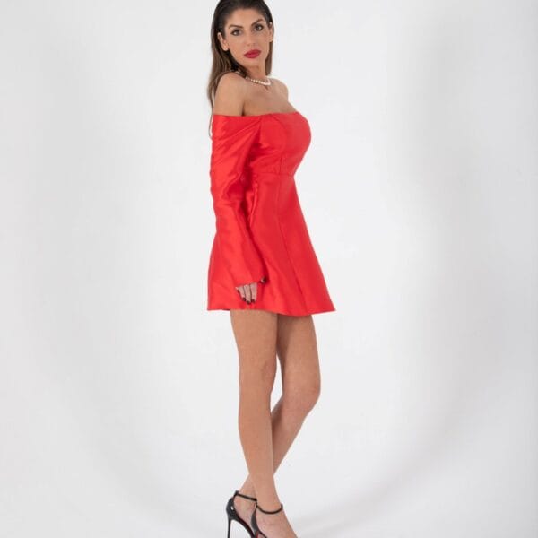 Vestido Mini Rojo Brillante de Hombros Descubiertos | LUISON