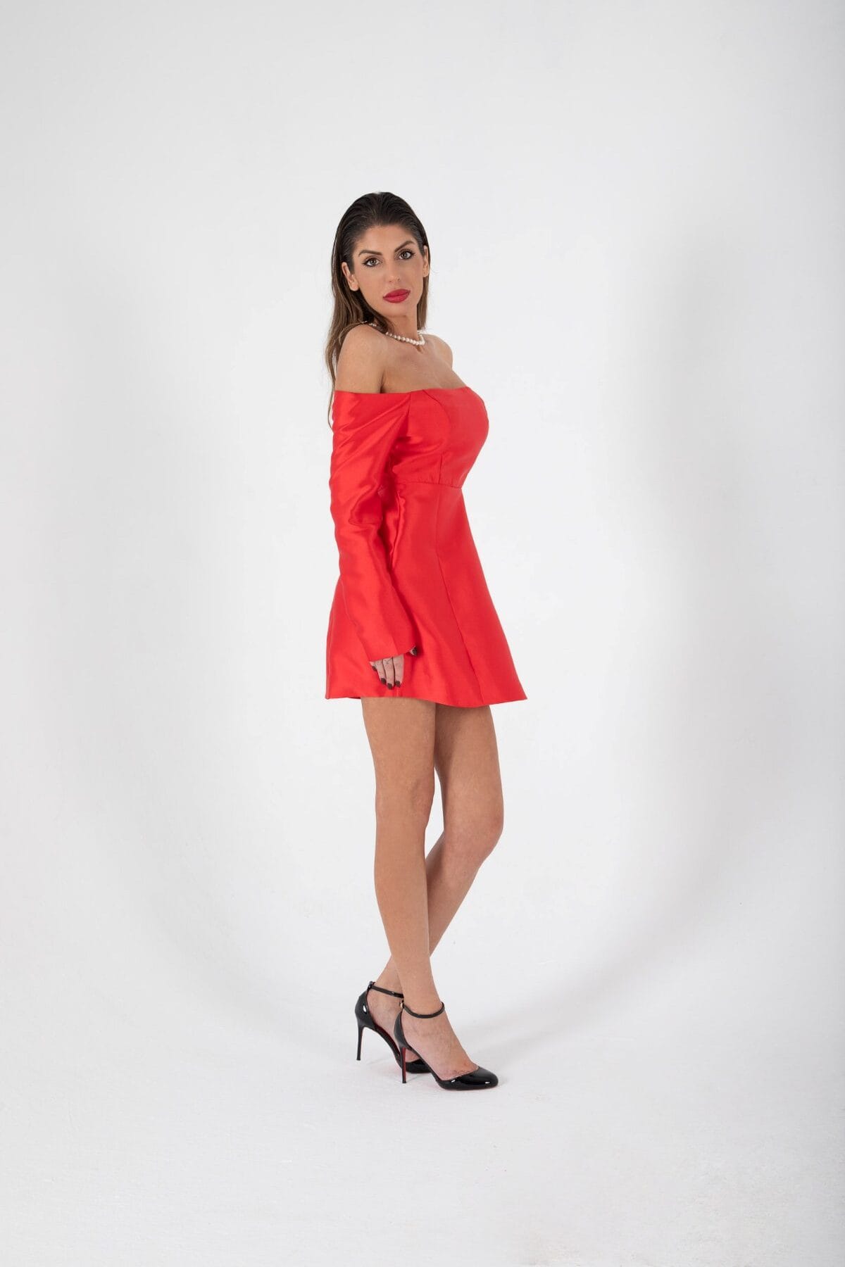 Vestido Mini Rojo Brillante de Hombros Descubiertos | LUISON
