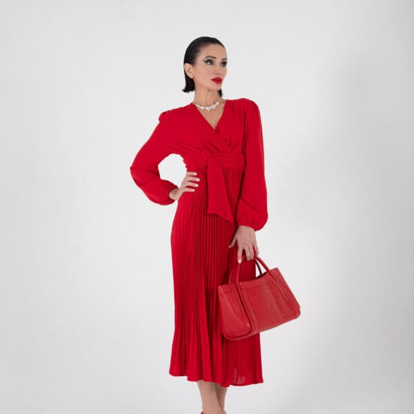 Vestido Rojo Elegante Plisado de Manga Larga, Luison
