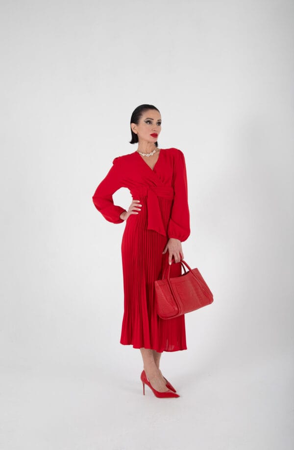 Vestido Rojo Elegante Plisado de Manga Larga, Luison
