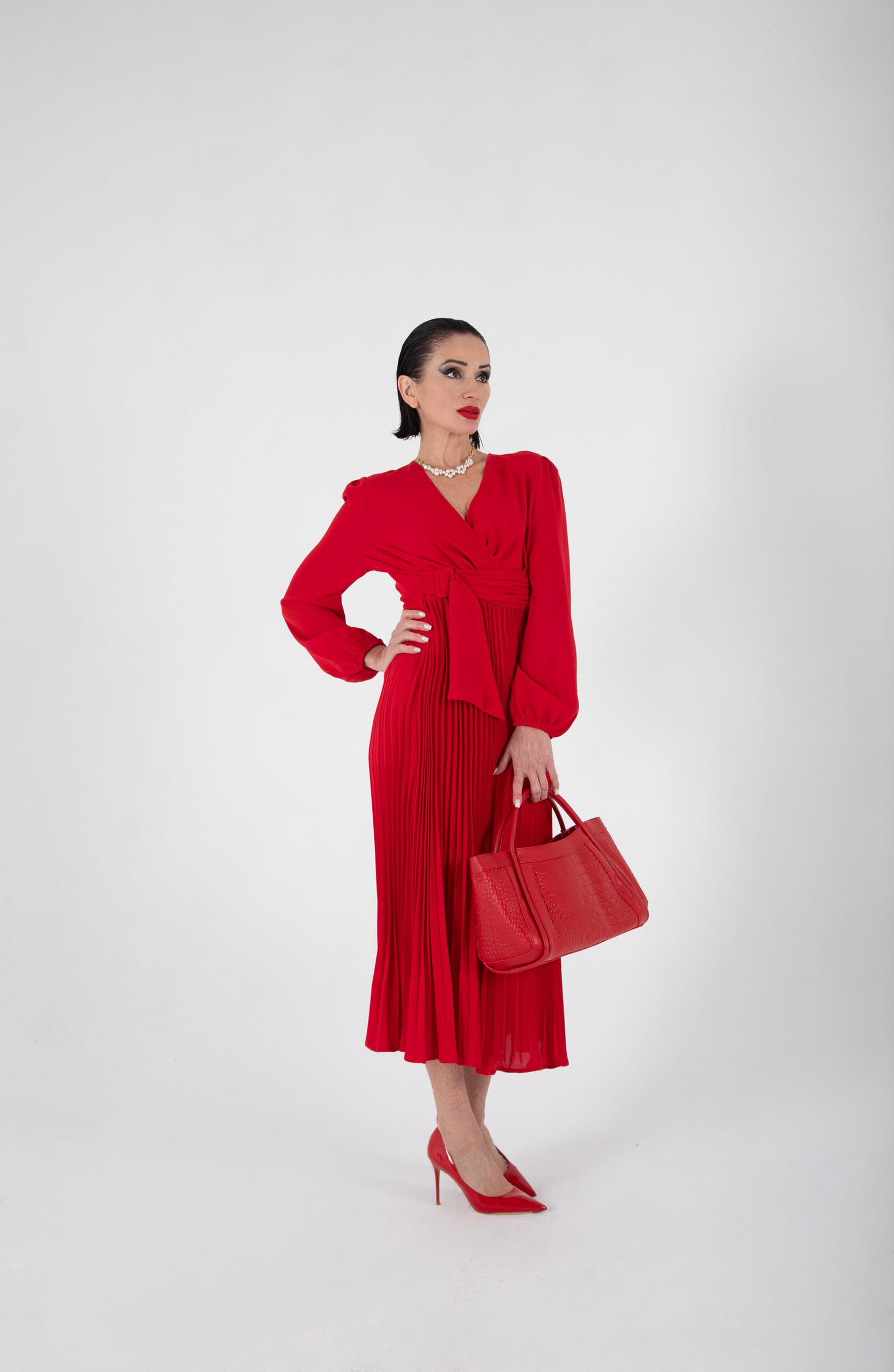 Vestido Rojo Elegante Plisado de Manga Larga, Luison