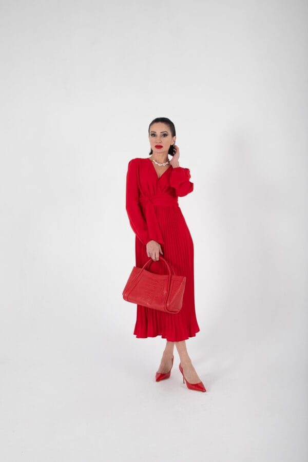 Vestido Rojo Elegante Plisado de Manga Larga, Luison