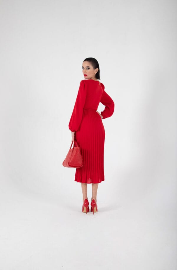Vestido Rojo Elegante Plisado de Manga Larga, Luison