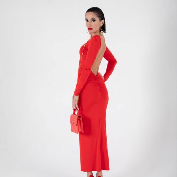 Vestido Rojo Ajustado con Espalda Descubierta y Manga Larga | LUISON