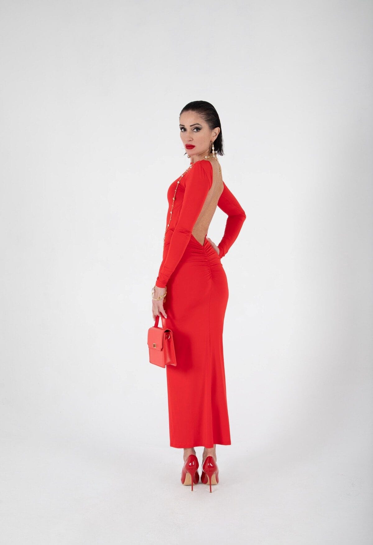 Vestido Rojo Ajustado con Espalda Descubierta y Manga Larga | LUISON