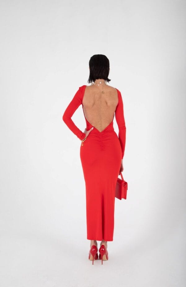 Vestido Rojo Ajustado con Espalda Descubierta y Manga Larga | LUISON