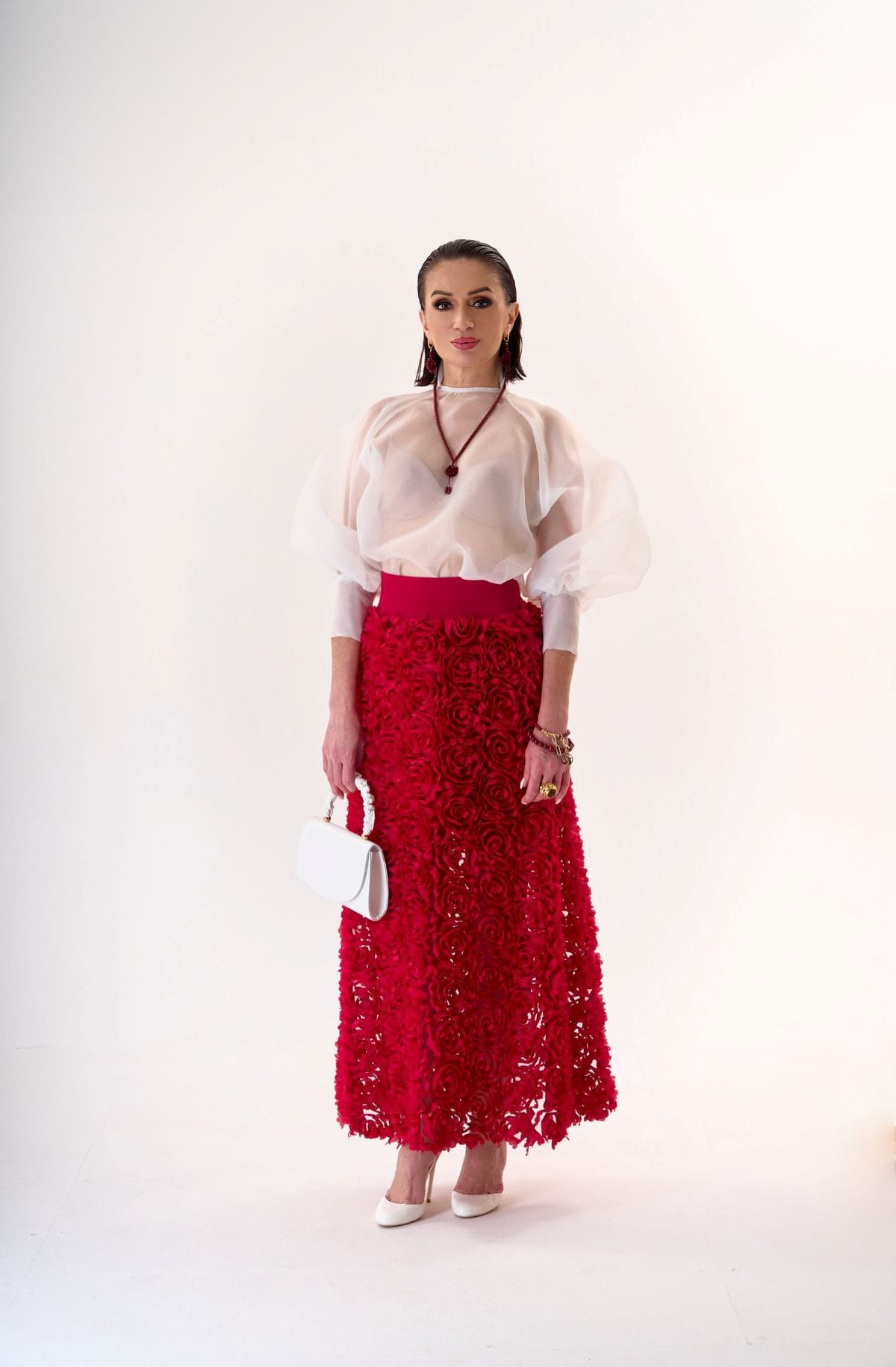 Falda Roja Larga La Rosa - Elegante Diseño 3D | LUISON