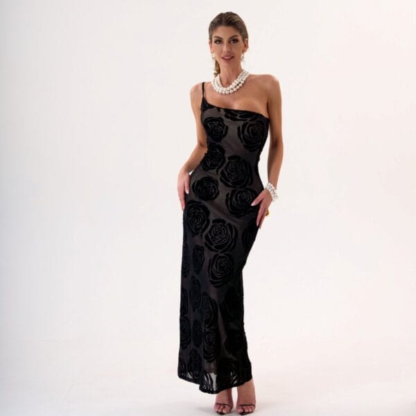 Vestido Negro Elegante Largo con Flores Transparente | LUISON