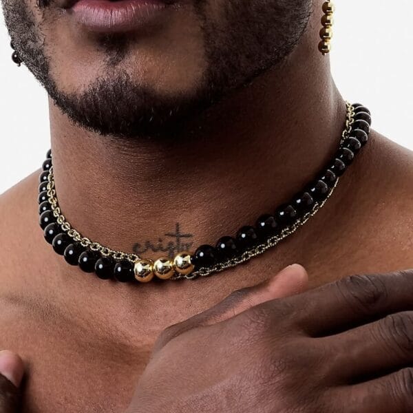 Collar de Perlas de Obsidiana Negra Gold