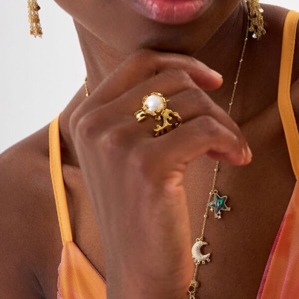Anillo Pearl Flower Gold